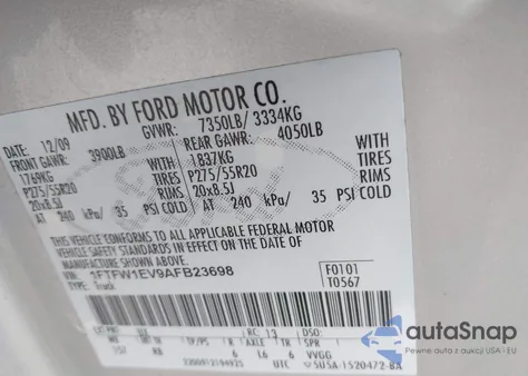 2010 Ford F-150 Fx4 from USA, damaged, VIN 1FTFW1EV9AFB23698